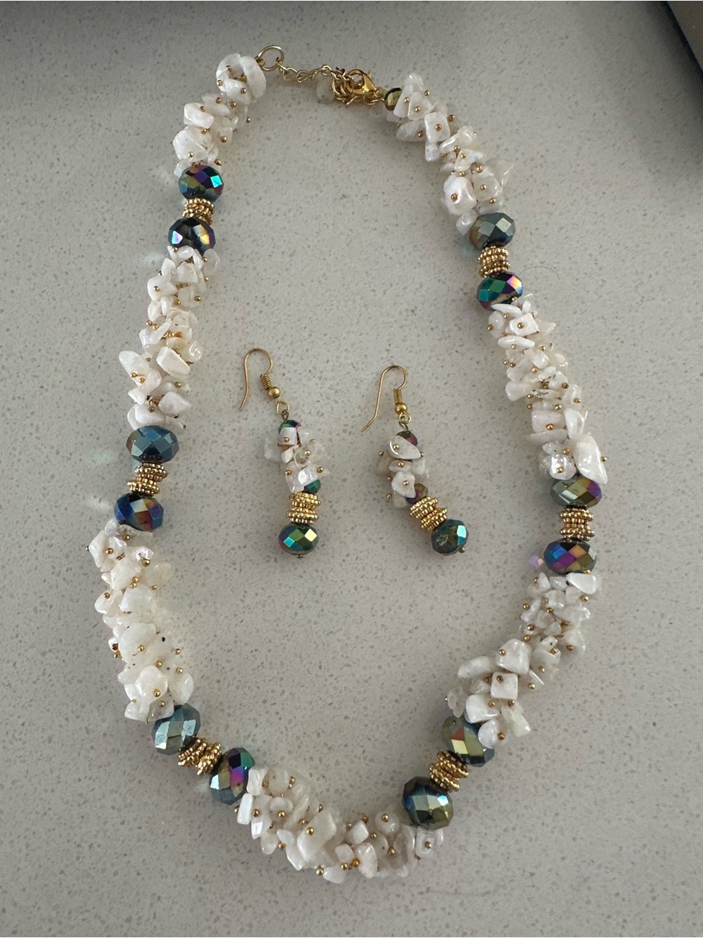 Gold-Accent White Chip Bead Necklace and Earrings Set
